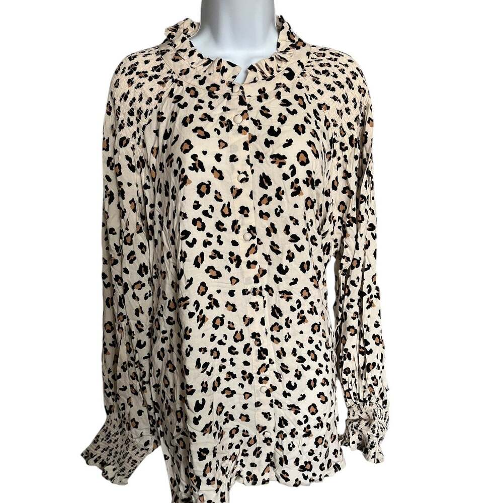 Fate Curve cream leopard print long sleeve ruffle blouse button up 2x NWT